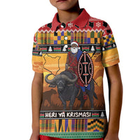Kenya Safari Christmas Kid Polo Shirt Black Santa Riding Cape Buffalo - Heri ya Krismasi - Wonder Print Shop