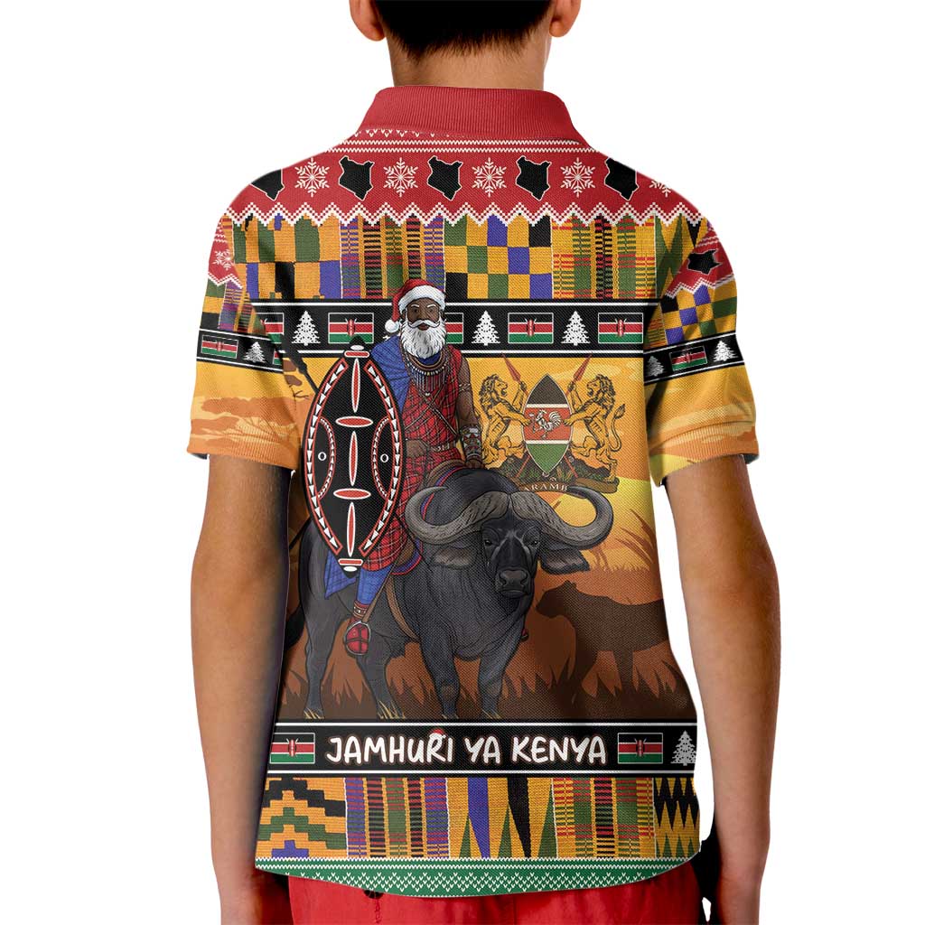 Kenya Safari Christmas Kid Polo Shirt Black Santa Riding Cape Buffalo - Heri ya Krismasi - Wonder Print Shop