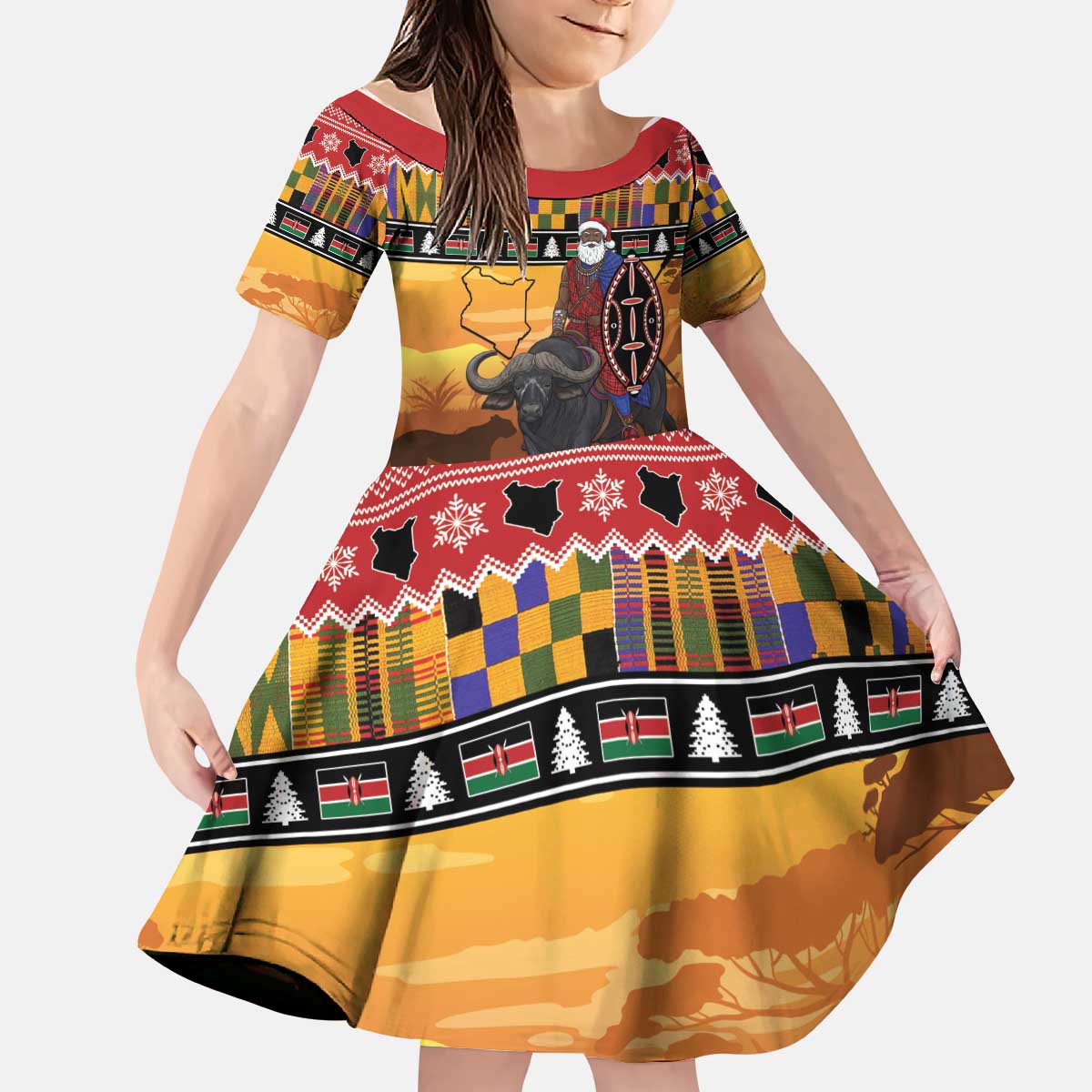 Kenya Safari Christmas Kid Short Sleeve Dress Black Santa Riding Cape Buffalo - Heri ya Krismasi - Wonder Print Shop