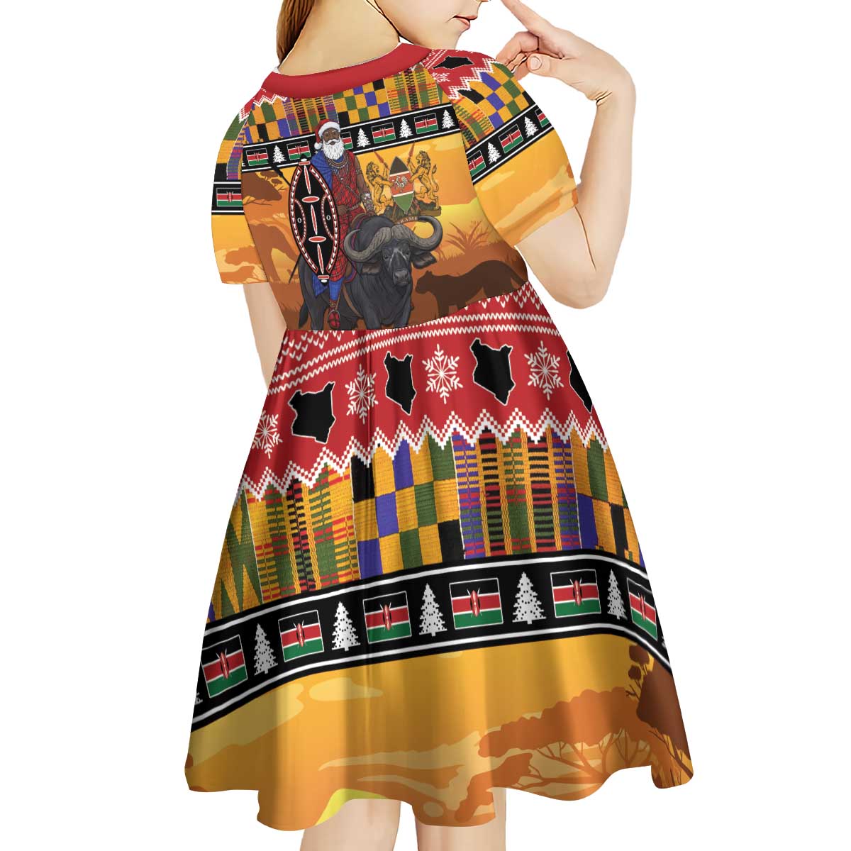 Kenya Safari Christmas Kid Short Sleeve Dress Black Santa Riding Cape Buffalo - Heri ya Krismasi - Wonder Print Shop