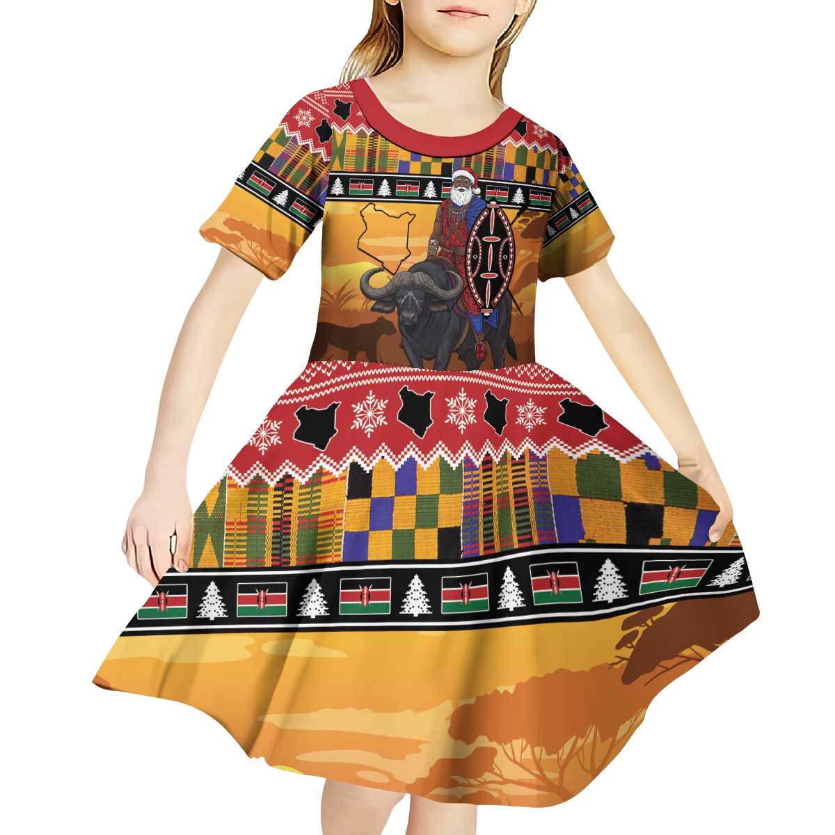 Kenya Safari Christmas Kid Short Sleeve Dress Black Santa Riding Cape Buffalo - Heri ya Krismasi - Wonder Print Shop