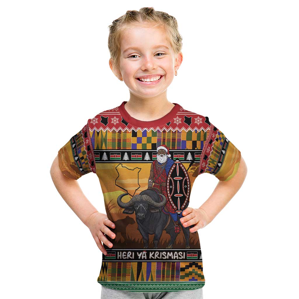 Kenya Safari Christmas Kid T Shirt Black Santa Riding Cape Buffalo - Heri ya Krismasi - Wonder Print Shop
