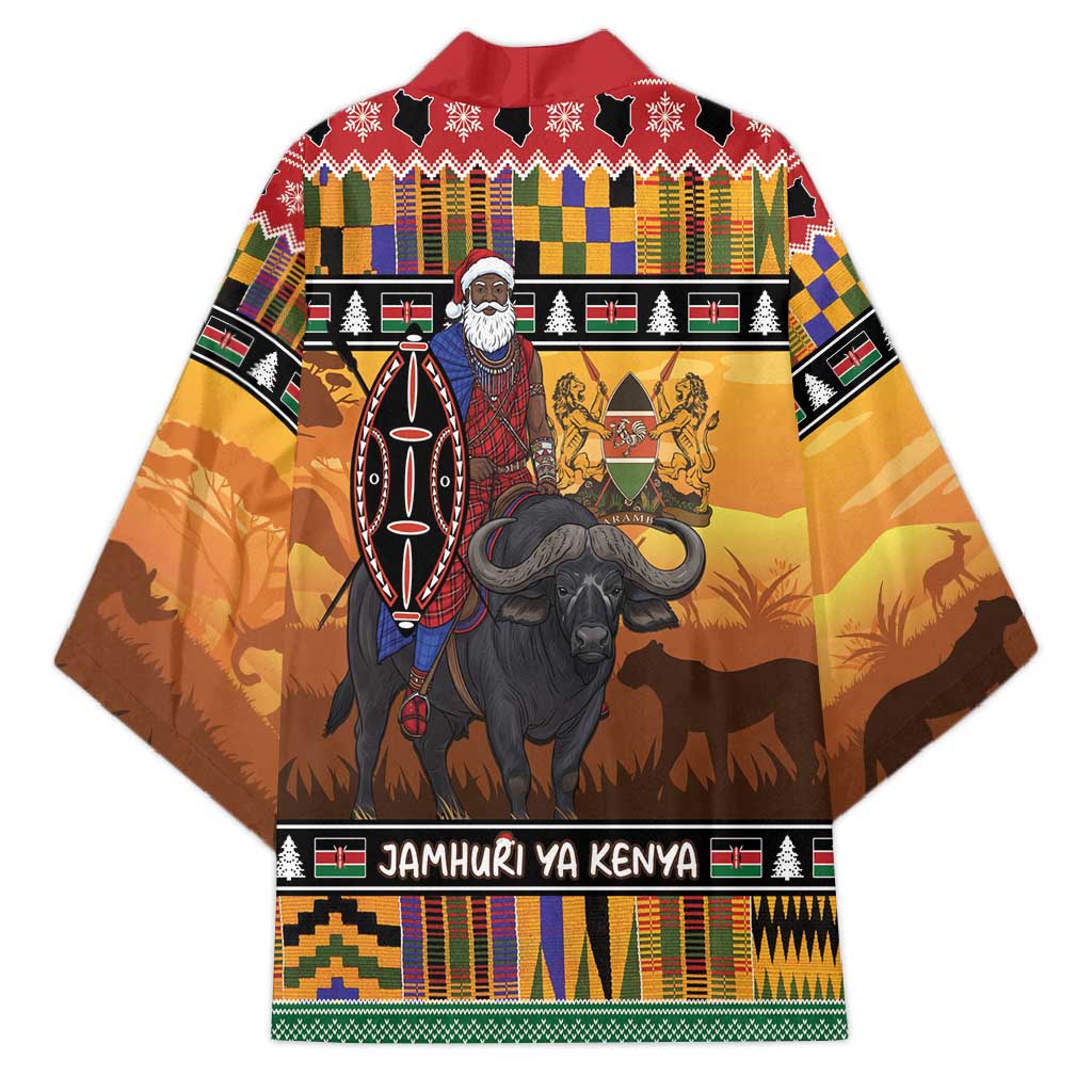 Kenya Safari Christmas Kimono Black Santa Riding Cape Buffalo - Heri ya Krismasi - Wonder Print Shop
