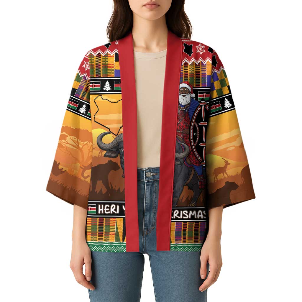 Kenya Safari Christmas Kimono Black Santa Riding Cape Buffalo - Heri ya Krismasi - Wonder Print Shop