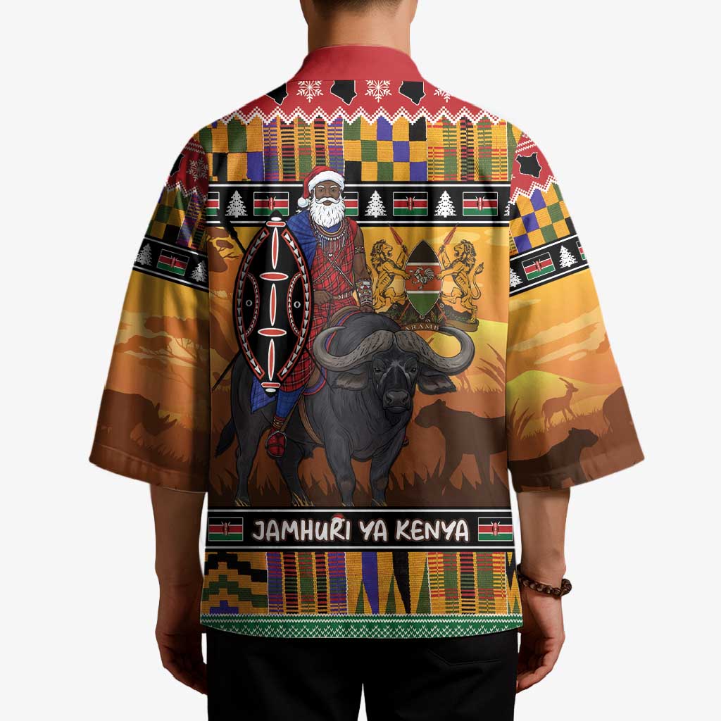 Kenya Safari Christmas Kimono Black Santa Riding Cape Buffalo - Heri ya Krismasi - Wonder Print Shop