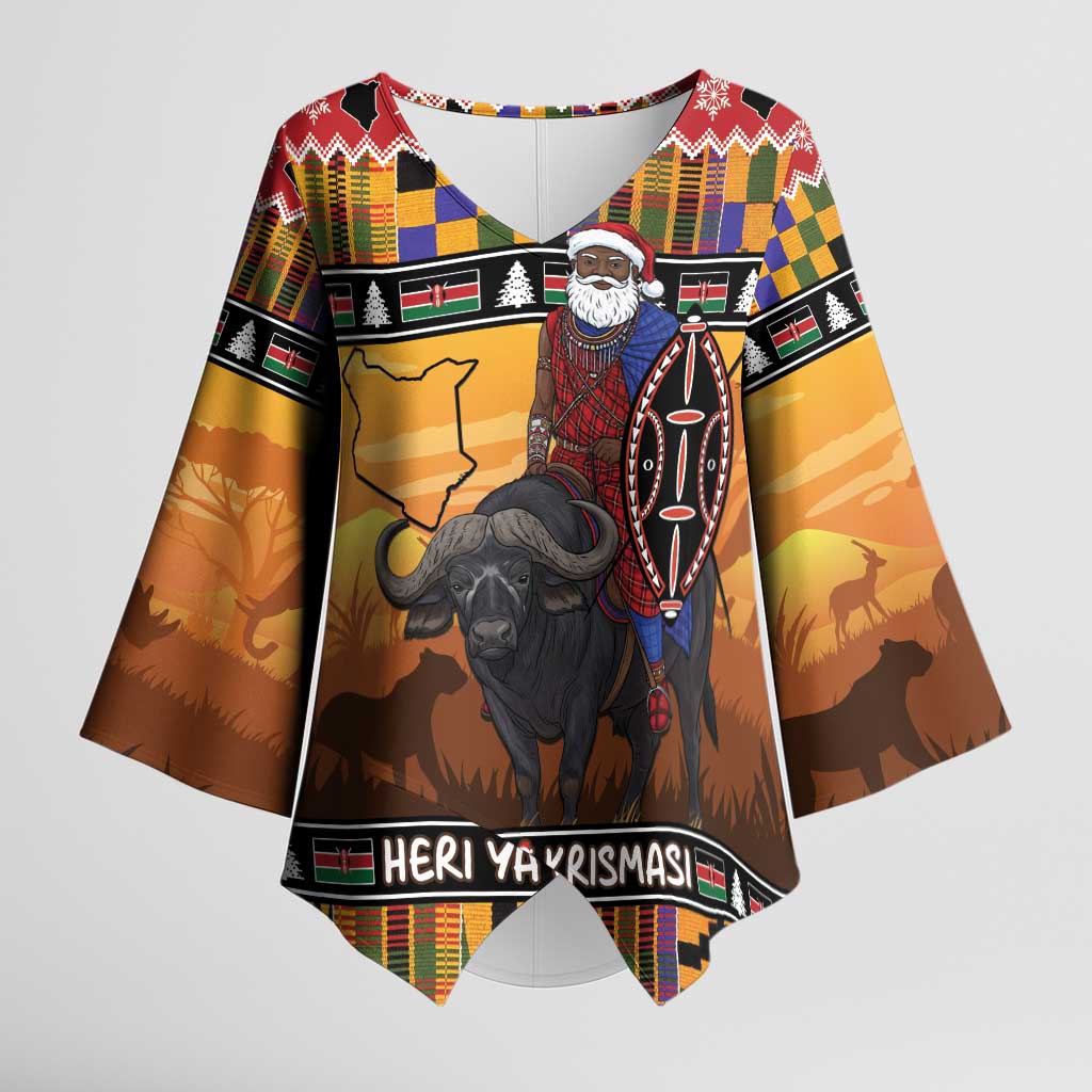 Kenya Safari Christmas Kimono Sleeve Blouse Black Santa Riding Cape Buffalo - Heri ya Krismasi - Wonder Print Shop
