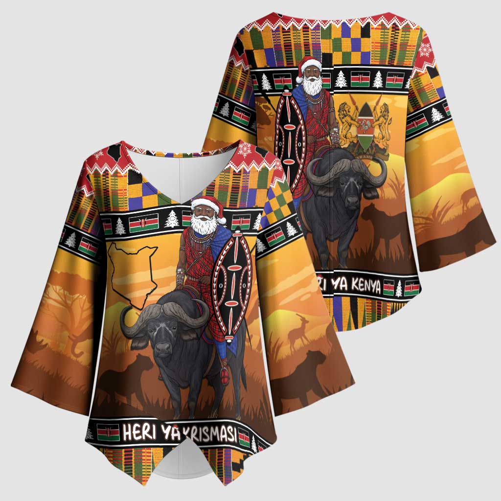 Kenya Safari Christmas Kimono Sleeve Blouse Black Santa Riding Cape Buffalo - Heri ya Krismasi - Wonder Print Shop