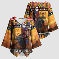 Kenya Safari Christmas Kimono Sleeve Blouse Black Santa Riding Cape Buffalo - Heri ya Krismasi - Wonder Print Shop