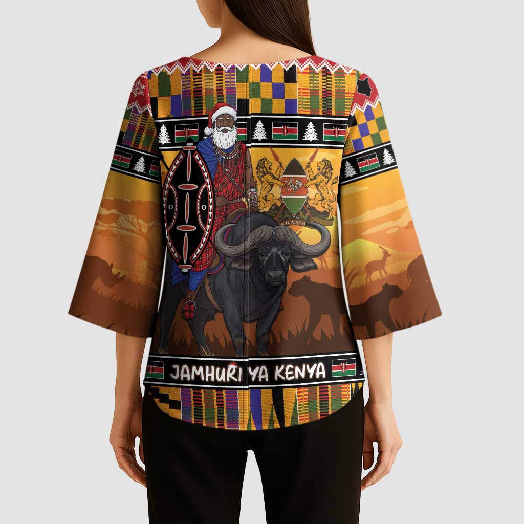Kenya Safari Christmas Kimono Sleeve Blouse Black Santa Riding Cape Buffalo - Heri ya Krismasi - Wonder Print Shop