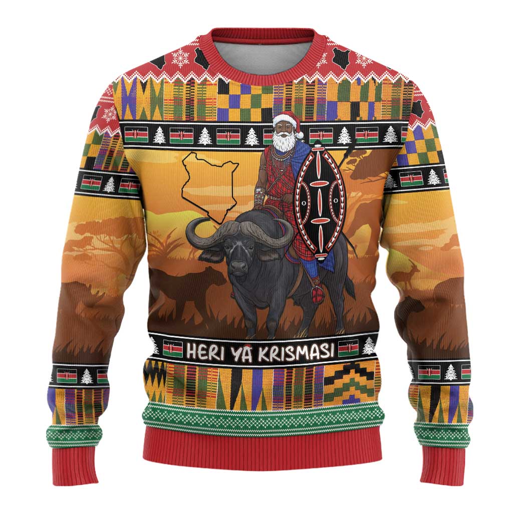 Kenya Safari Christmas Ugly Christmas Sweater Black Santa Riding Cape Buffalo - Heri ya Krismasi - Wonder Print Shop