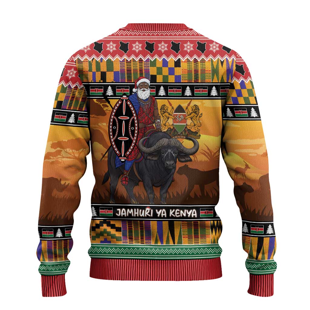 Kenya Safari Christmas Ugly Christmas Sweater Black Santa Riding Cape Buffalo - Heri ya Krismasi - Wonder Print Shop
