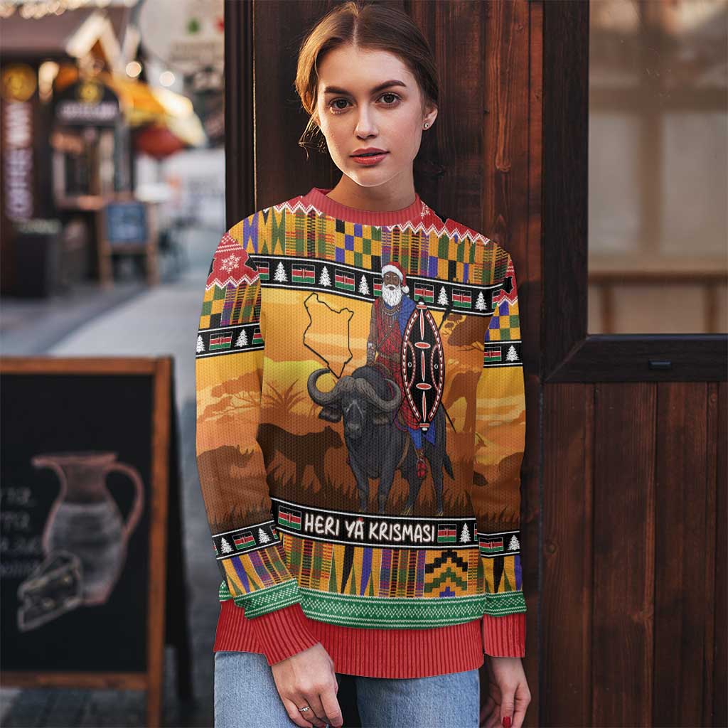 Kenya Safari Christmas Ugly Christmas Sweater Black Santa Riding Cape Buffalo - Heri ya Krismasi - Wonder Print Shop