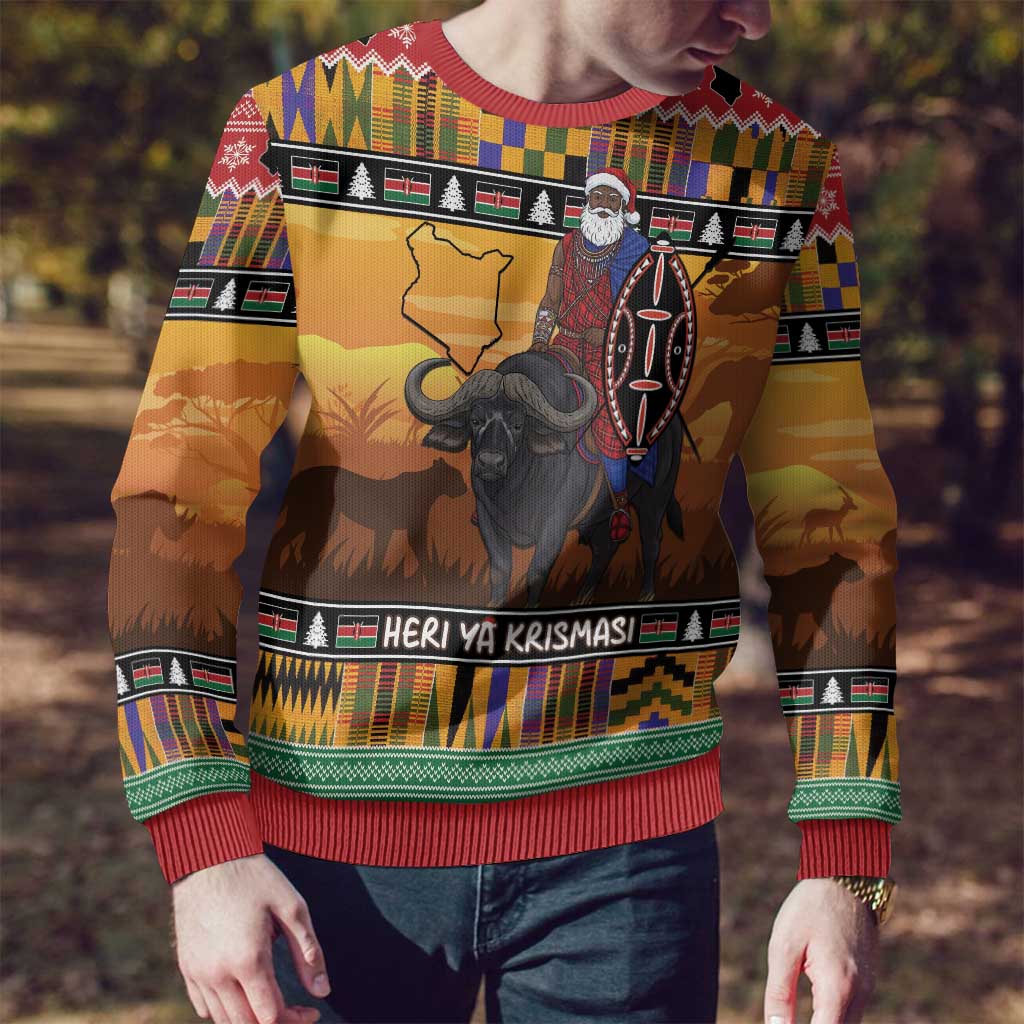 Kenya Safari Christmas Ugly Christmas Sweater Black Santa Riding Cape Buffalo - Heri ya Krismasi - Wonder Print Shop