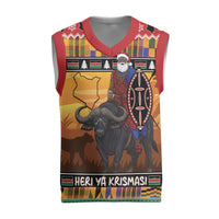 Kenya Safari Christmas Knitted V-Neck Vest Black Santa Riding Cape Buffalo - Heri ya Krismasi - Wonder Print Shop
