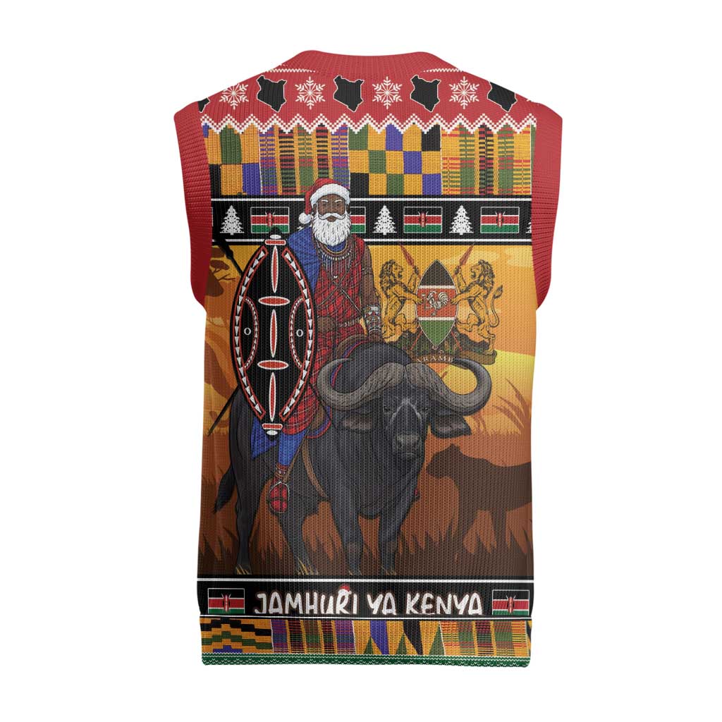 Kenya Safari Christmas Knitted V-Neck Vest Black Santa Riding Cape Buffalo - Heri ya Krismasi - Wonder Print Shop