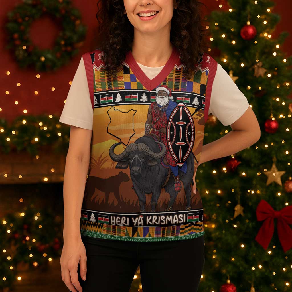 Kenya Safari Christmas Knitted V-Neck Vest Black Santa Riding Cape Buffalo - Heri ya Krismasi - Wonder Print Shop