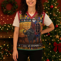 Kenya Safari Christmas Knitted V-Neck Vest Black Santa Riding Cape Buffalo - Heri ya Krismasi - Wonder Print Shop