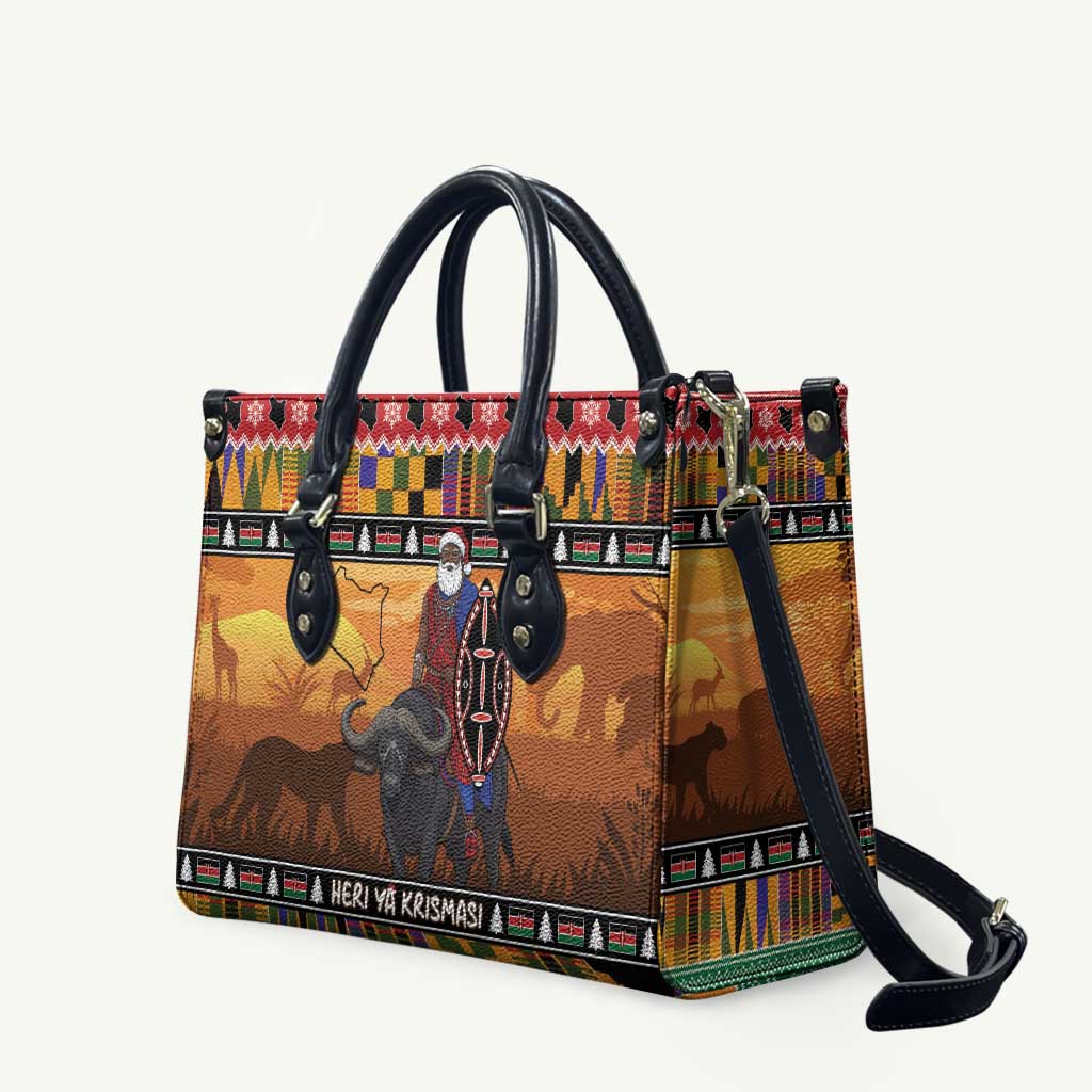 Kenya Safari Christmas Leather Bag Black Santa Riding Cape Buffalo - Heri ya Krismasi - Wonder Print Shop
