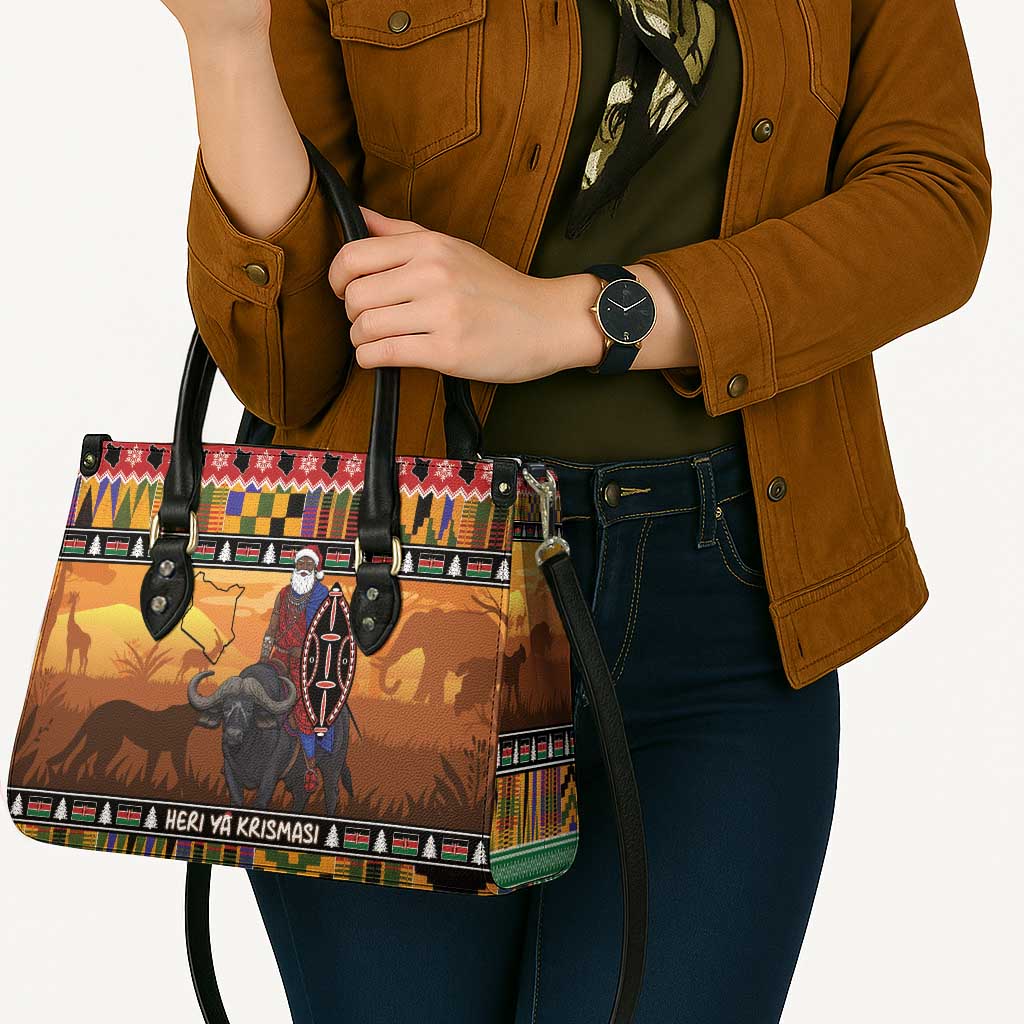 Kenya Safari Christmas Leather Bag Black Santa Riding Cape Buffalo - Heri ya Krismasi - Wonder Print Shop