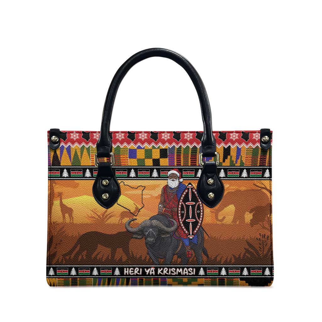 Kenya Safari Christmas Leather Bag Black Santa Riding Cape Buffalo - Heri ya Krismasi - Wonder Print Shop