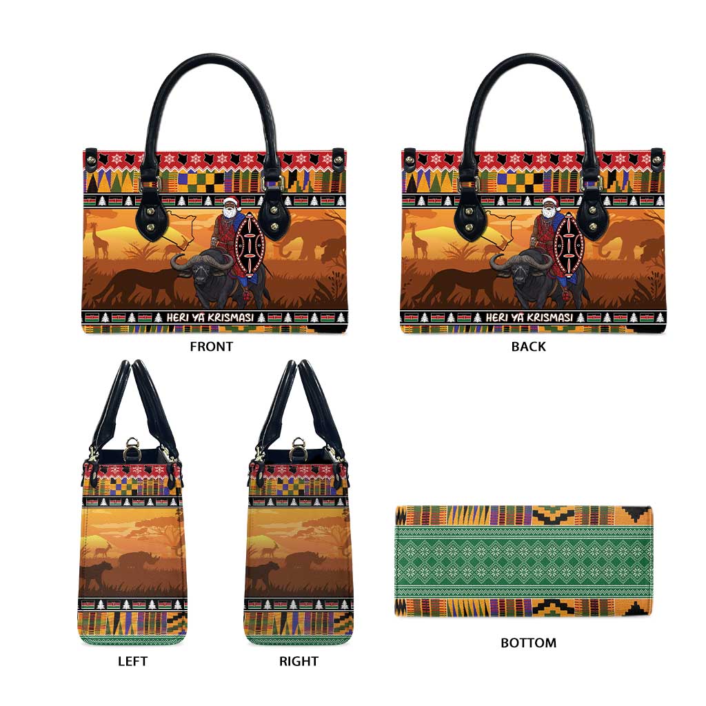 Kenya Safari Christmas Leather Bag Black Santa Riding Cape Buffalo - Heri ya Krismasi - Wonder Print Shop