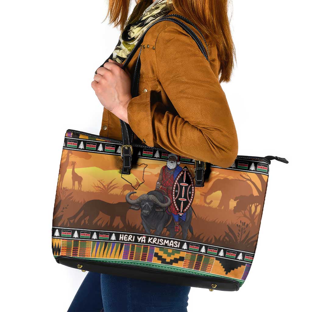 Kenya Safari Christmas Leather Tote Bag Black Santa Riding Cape Buffalo - Heri ya Krismasi - Wonder Print Shop