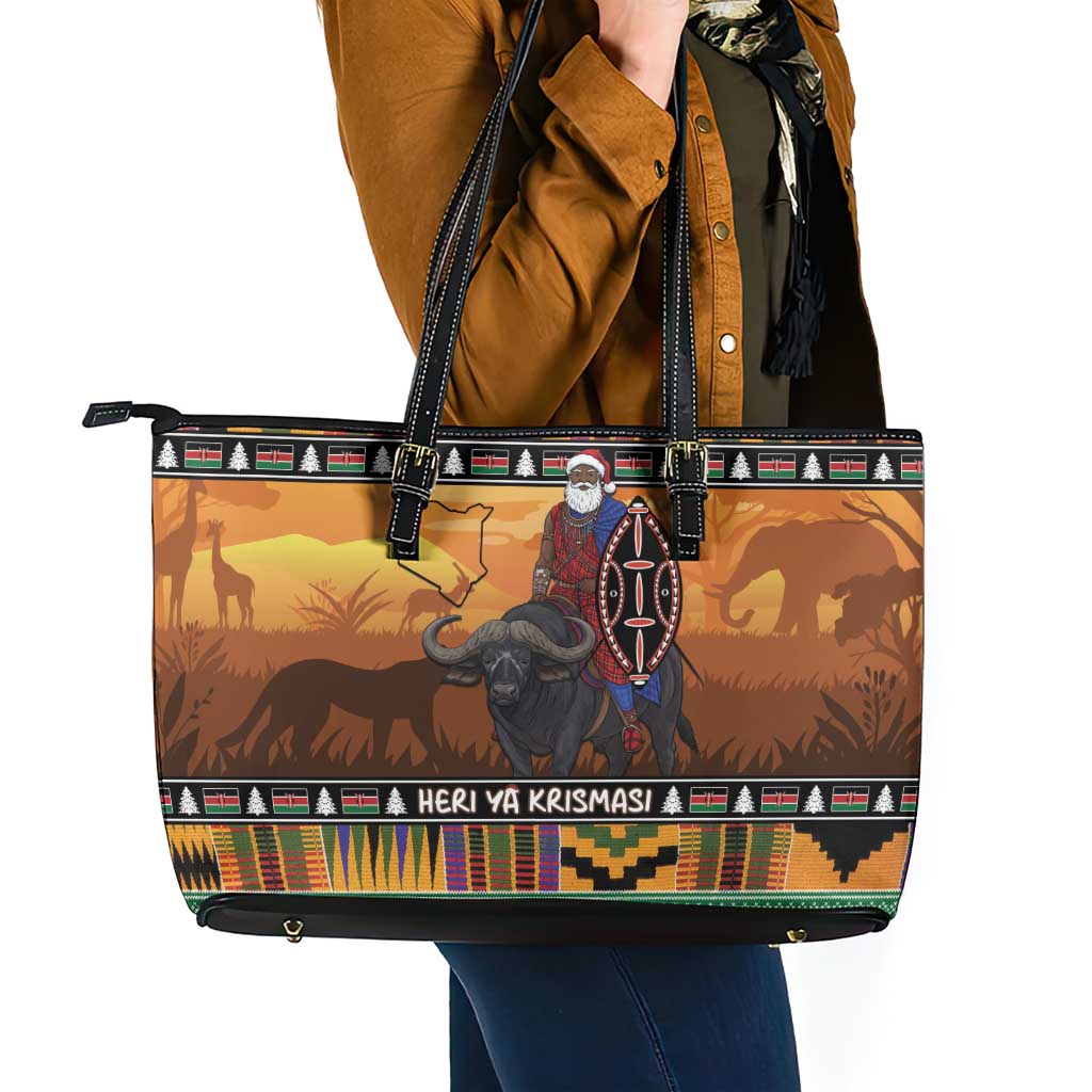 Kenya Safari Christmas Leather Tote Bag Black Santa Riding Cape Buffalo - Heri ya Krismasi - Wonder Print Shop