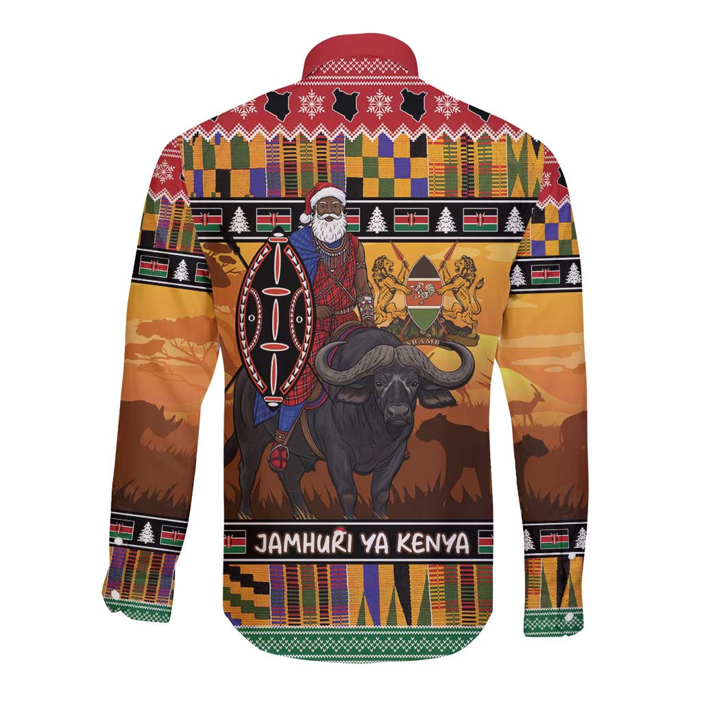 Kenya Safari Christmas Long Sleeve Button Shirt Black Santa Riding Cape Buffalo - Heri ya Krismasi - Wonder Print Shop