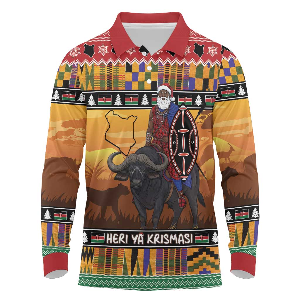 Kenya Safari Christmas Long Sleeve Polo Shirt Black Santa Riding Cape Buffalo - Heri ya Krismasi - Wonder Print Shop