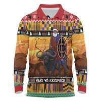 Kenya Safari Christmas Long Sleeve Polo Shirt Black Santa Riding Cape Buffalo - Heri ya Krismasi - Wonder Print Shop