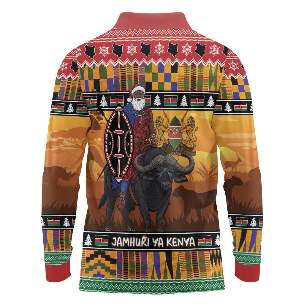 Kenya Safari Christmas Long Sleeve Polo Shirt Black Santa Riding Cape Buffalo - Heri ya Krismasi - Wonder Print Shop
