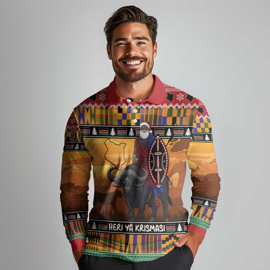 Kenya Safari Christmas Long Sleeve Polo Shirt Black Santa Riding Cape Buffalo - Heri ya Krismasi - Wonder Print Shop