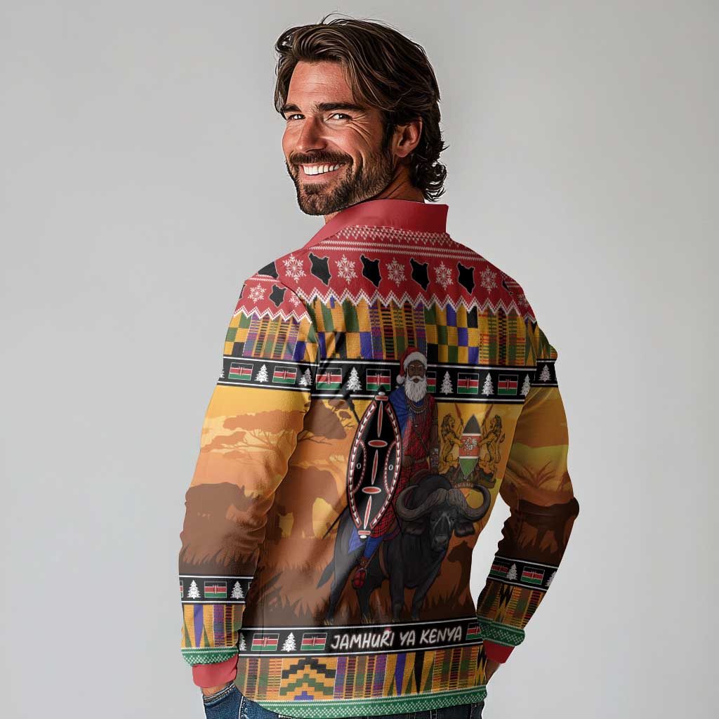 Kenya Safari Christmas Long Sleeve Polo Shirt Black Santa Riding Cape Buffalo - Heri ya Krismasi - Wonder Print Shop