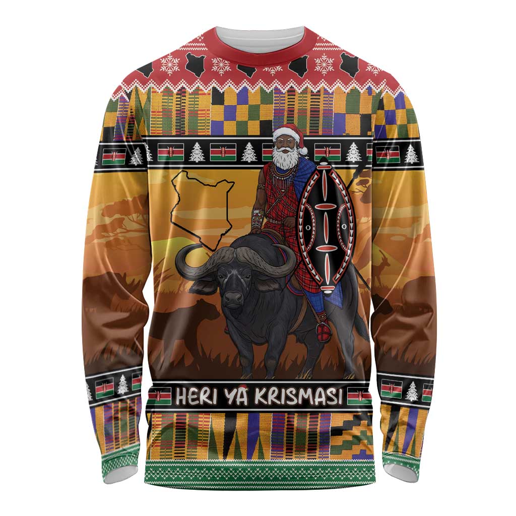 Kenya Safari Christmas Long Sleeve Shirt Black Santa Riding Cape Buffalo - Heri ya Krismasi - Wonder Print Shop