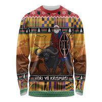 Kenya Safari Christmas Long Sleeve Shirt Black Santa Riding Cape Buffalo - Heri ya Krismasi - Wonder Print Shop