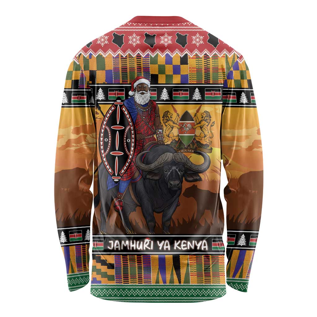 Kenya Safari Christmas Long Sleeve Shirt Black Santa Riding Cape Buffalo - Heri ya Krismasi - Wonder Print Shop