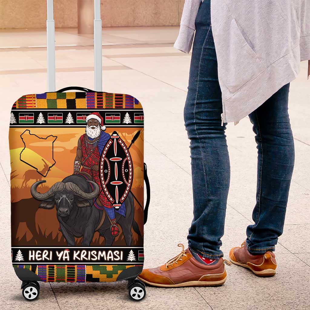 Kenya Safari Christmas Luggage Cover Black Santa Riding Cape Buffalo - Heri ya Krismasi - Wonder Print Shop
