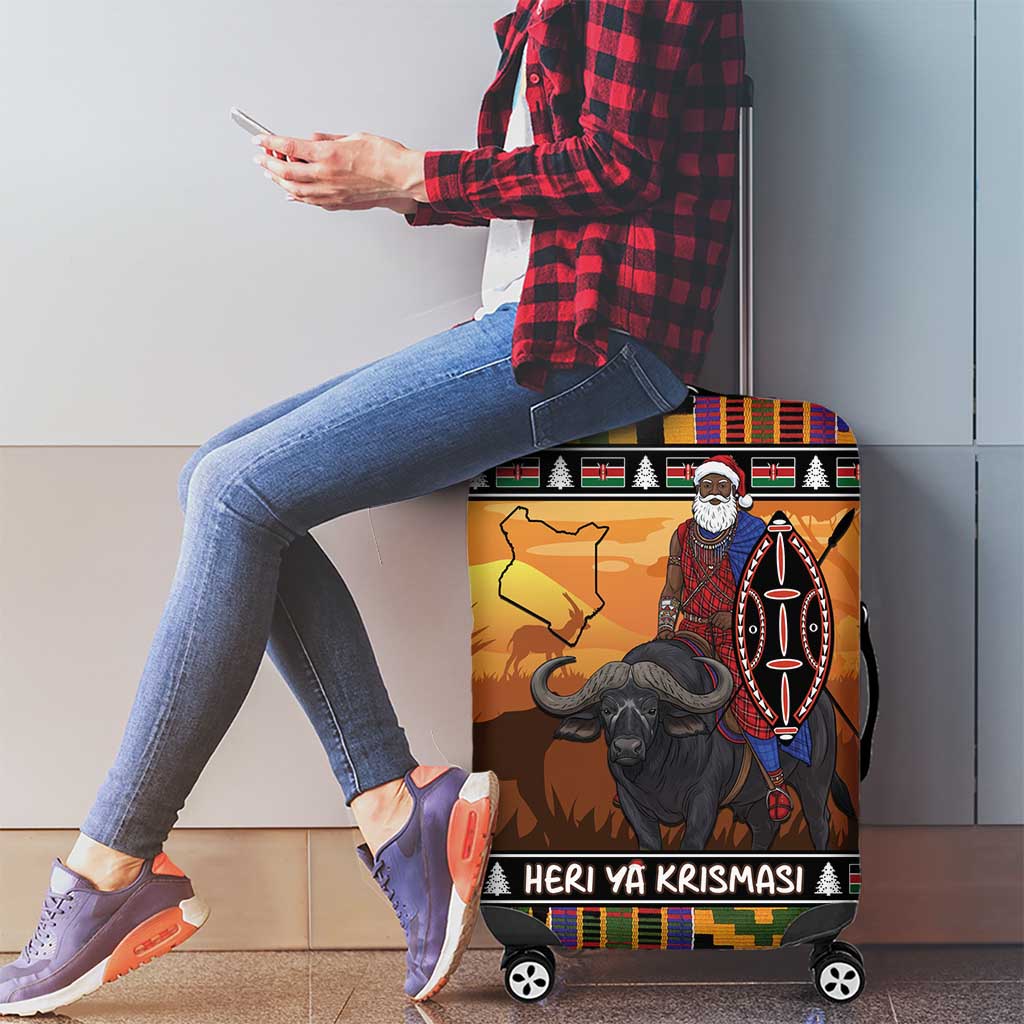 Kenya Safari Christmas Luggage Cover Black Santa Riding Cape Buffalo - Heri ya Krismasi - Wonder Print Shop
