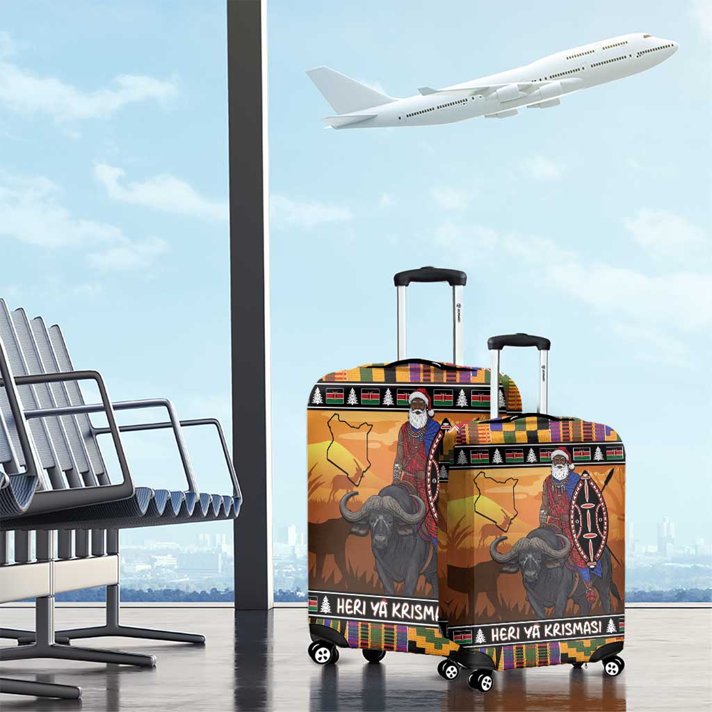 Kenya Safari Christmas Luggage Cover Black Santa Riding Cape Buffalo - Heri ya Krismasi - Wonder Print Shop