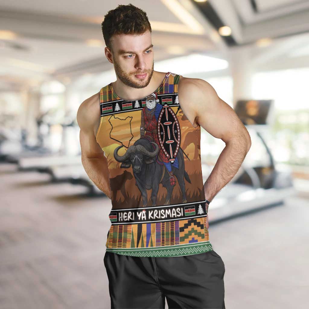 Kenya Safari Christmas Men Tank Top Black Santa Riding Cape Buffalo - Heri ya Krismasi - Wonder Print Shop