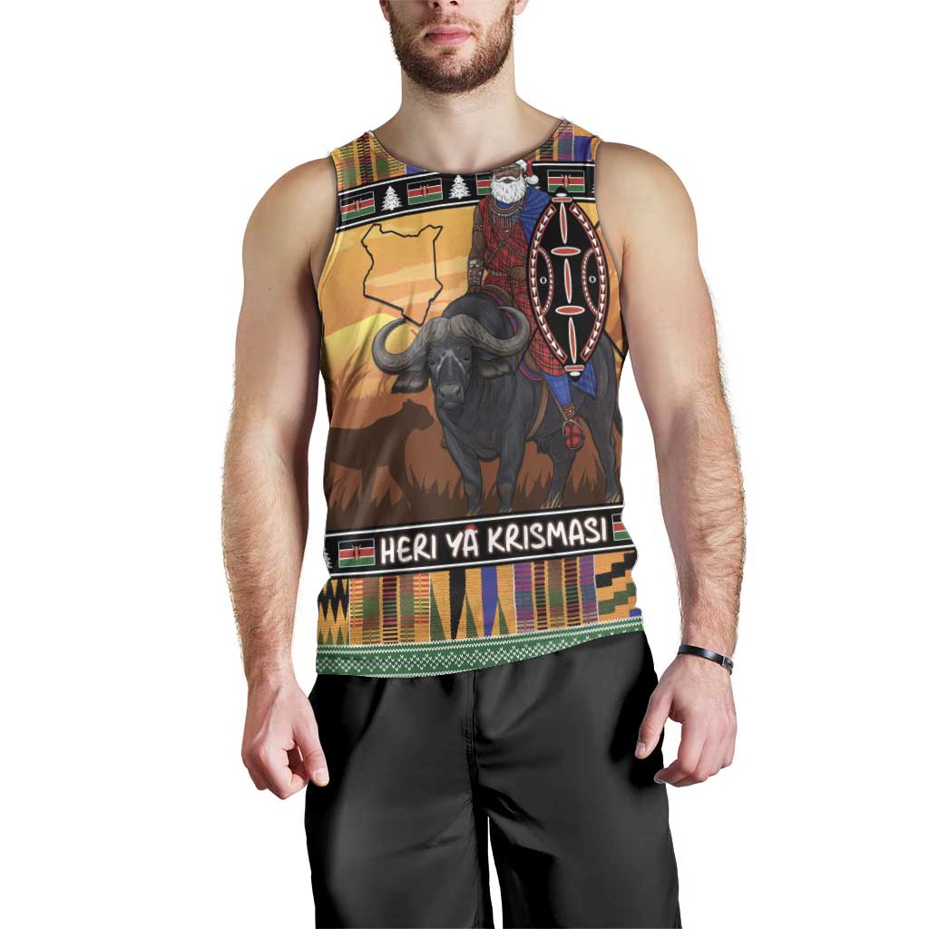 Kenya Safari Christmas Men Tank Top Black Santa Riding Cape Buffalo - Heri ya Krismasi - Wonder Print Shop