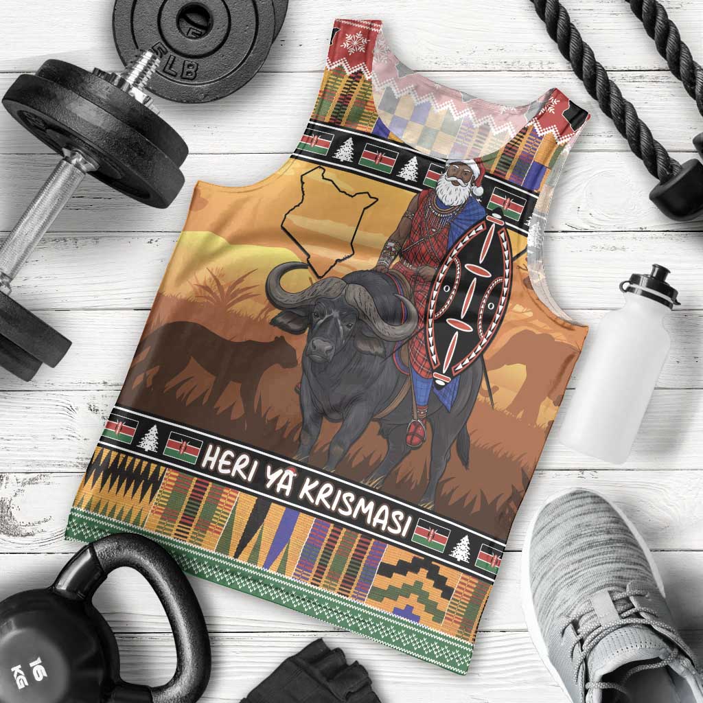 Kenya Safari Christmas Men Tank Top Black Santa Riding Cape Buffalo - Heri ya Krismasi - Wonder Print Shop