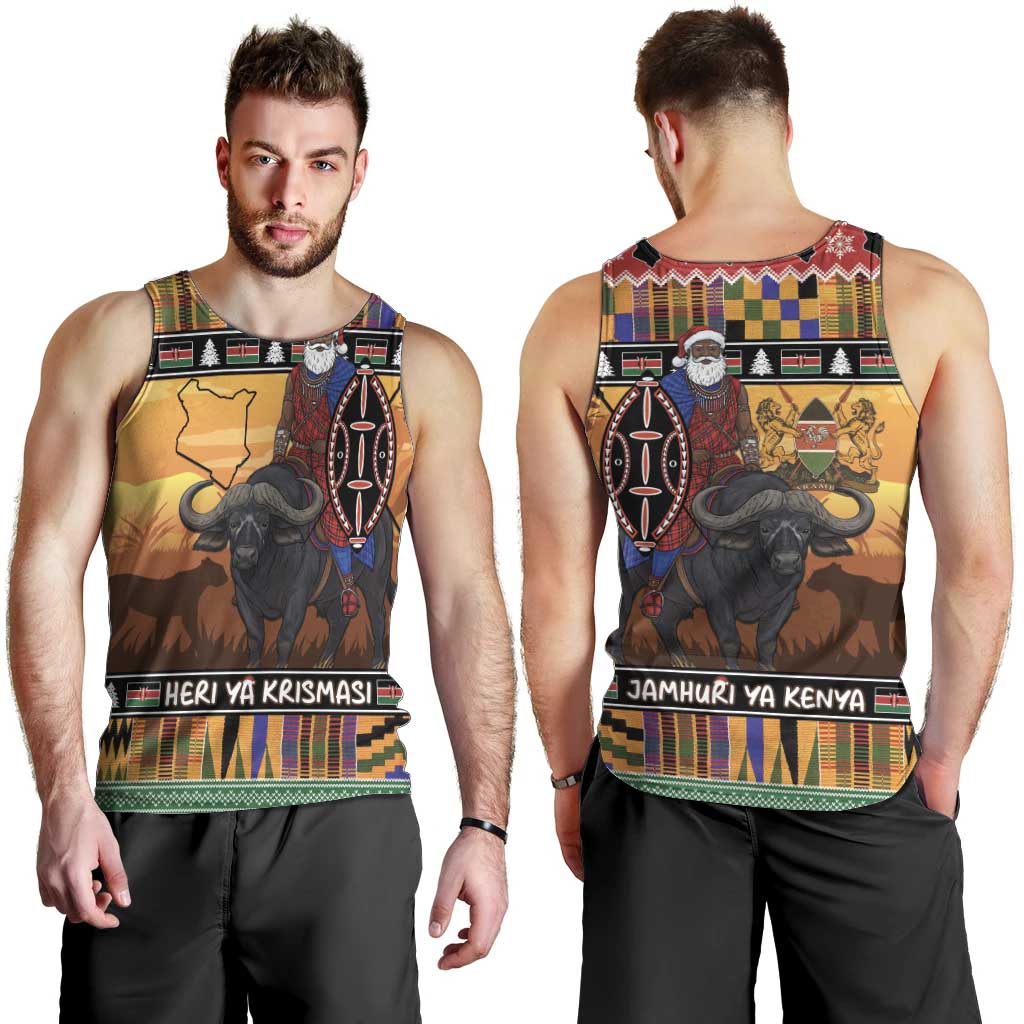 Kenya Safari Christmas Men Tank Top Black Santa Riding Cape Buffalo - Heri ya Krismasi - Wonder Print Shop