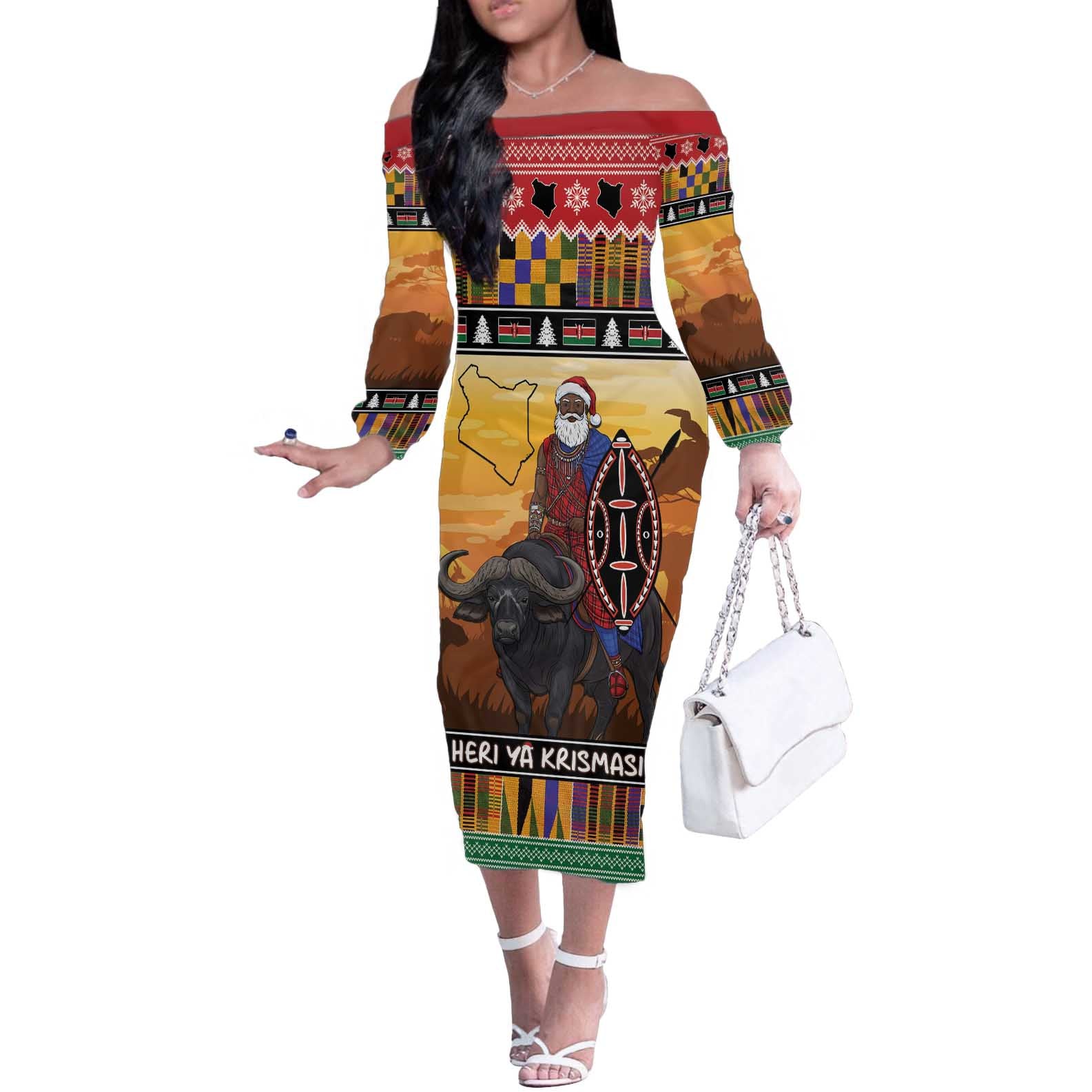 Kenya Safari Christmas Off The Shoulder Long Sleeve Dress Black Santa Riding Cape Buffalo - Heri ya Krismasi - Wonder Print Shop