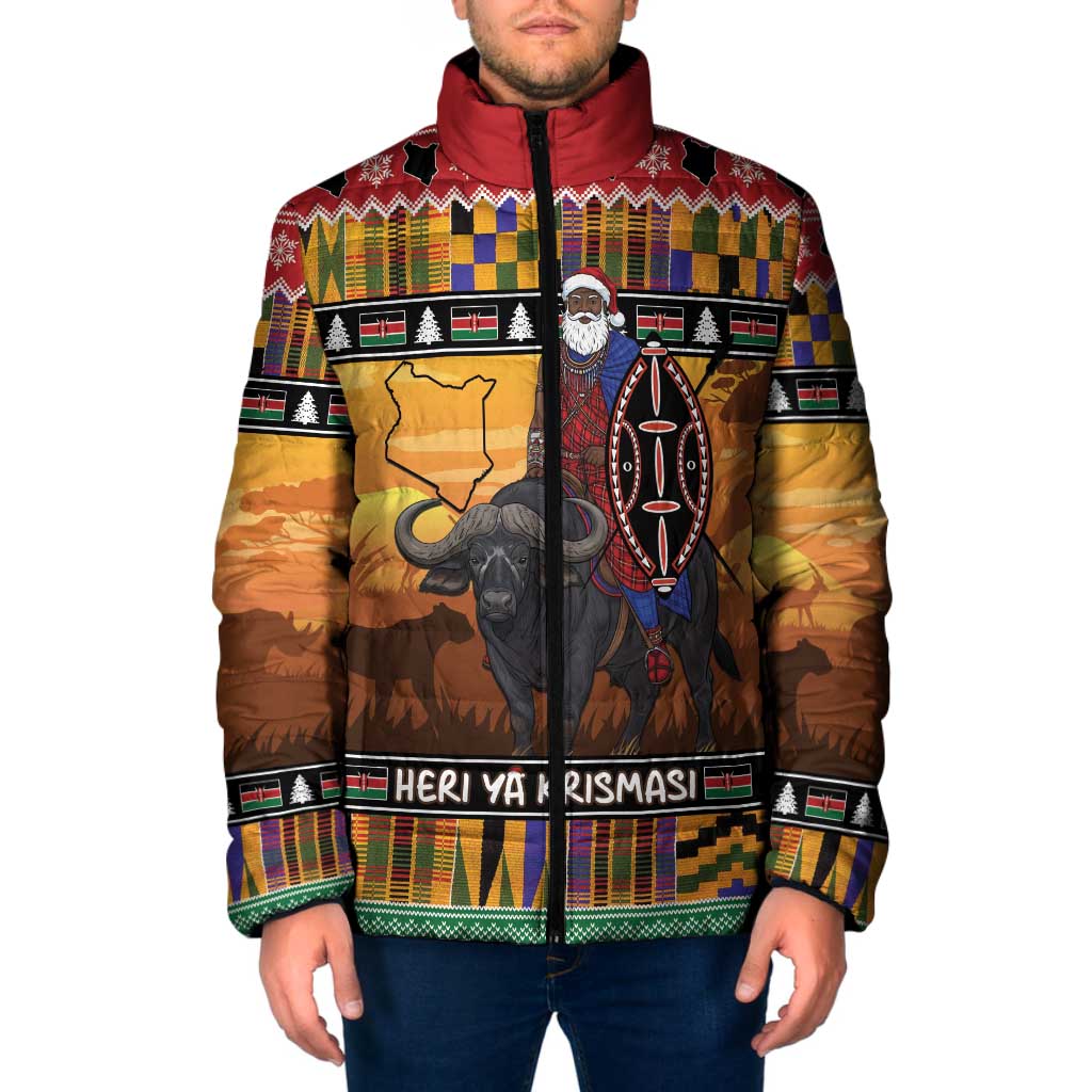 Kenya Safari Christmas Padded Jacket Black Santa Riding Cape Buffalo - Heri ya Krismasi - Wonder Print Shop