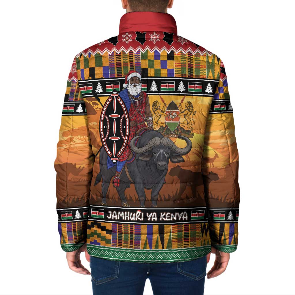 Kenya Safari Christmas Padded Jacket Black Santa Riding Cape Buffalo - Heri ya Krismasi - Wonder Print Shop