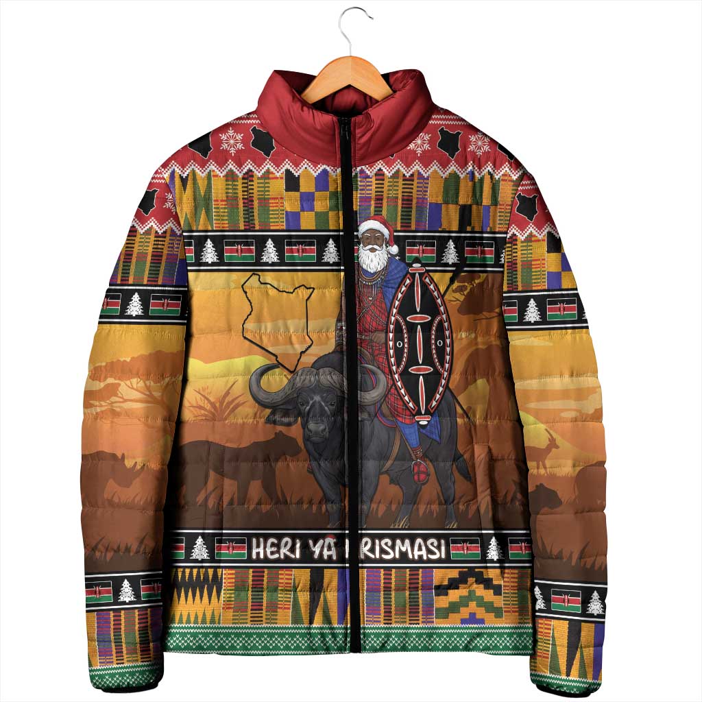 Kenya Safari Christmas Padded Jacket Black Santa Riding Cape Buffalo - Heri ya Krismasi - Wonder Print Shop