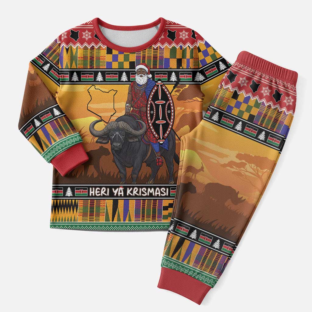 Kenya Safari Christmas Pajama Set Black Santa Riding Cape Buffalo - Heri ya Krismasi - Wonder Print Shop