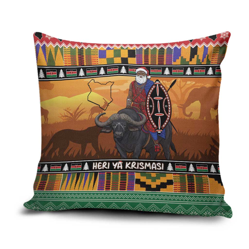 Kenya Safari Christmas Pillow Cover Black Santa Riding Cape Buffalo - Heri ya Krismasi - Wonder Print Shop