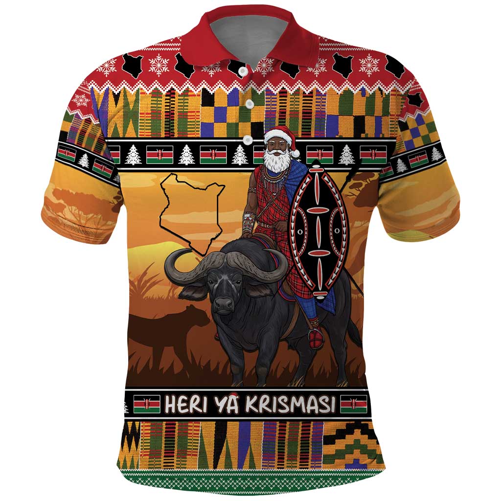 Kenya Safari Christmas Polo Shirt Black Santa Riding Cape Buffalo - Heri ya Krismasi - Wonder Print Shop
